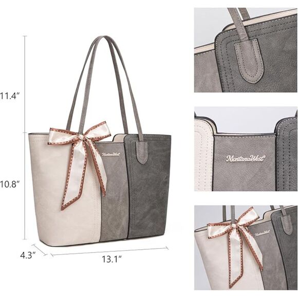 Women Beige Grey Imported Vegan Leather Top Handle Polyester Lining Tote Bags - Picture 4 of 4